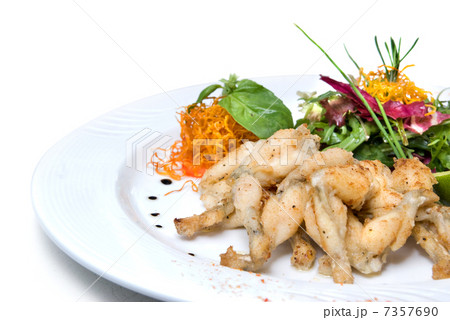 fried frogs legs on the plate isolated on white fried frogs legs on the plate isolated on white 7357690
