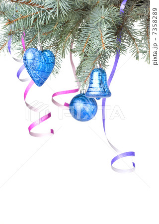 Christmas balls and decoration on fir tree branch isolated on wh 7358289