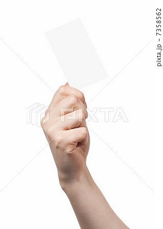 Woman hand holding empty visiting card isolated on white 7358562