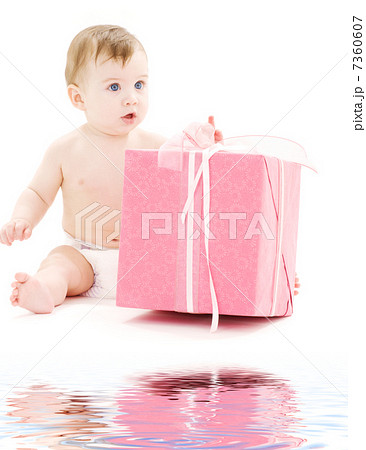 baby boy in diaper with big gift box baby boy in diaper with big gift box 7360607