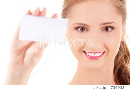 happy girl with business card 7369324