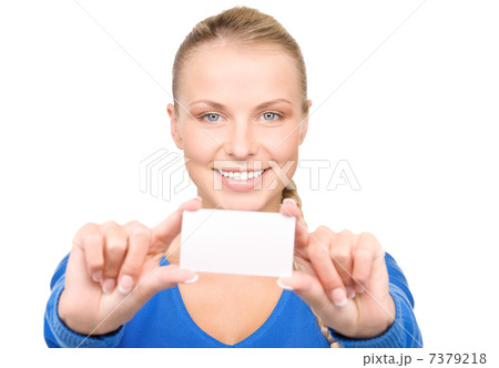 happy woman with business card 7379218