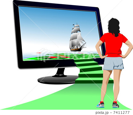 Futuristic monitor with sailing ship and young woman standing in Futuristic monitor with sailing ship and young woman standing in 7411277