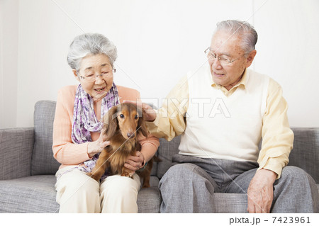 犬を可愛がる老夫婦 7423961