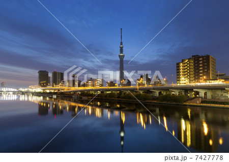 夜明けのスカイツリーと町並み 7427778