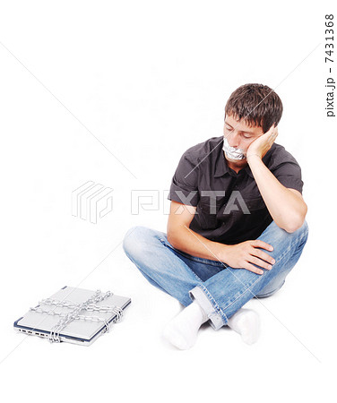 Man with isolated mouth and chained laptop 7431368