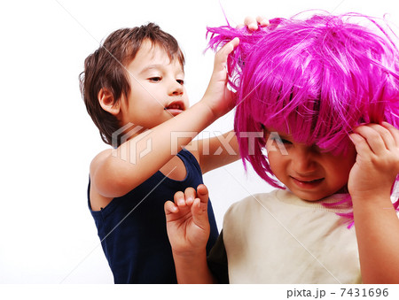 Two cute kids with pink hair and facial gesture 7431696