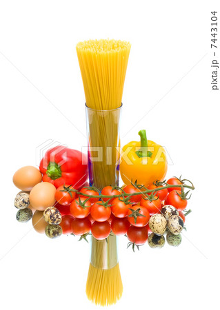 pasta, fresh vegetables and eggs isolated on white background 7443104