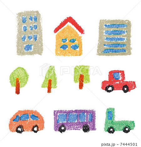 クレヨン画の家や車のイラスト素材