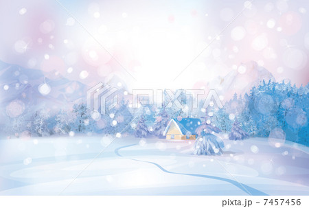 Vector of winter snowy landscape with lonely house in forest. 7457456