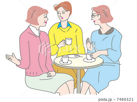 お茶を飲みながら おしゃべりする3人の女性のイラスト素材