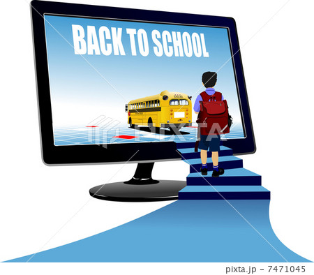 Schoolboy upstairs to school bus. Back to school. Vector illustr Schoolboy upstairs to school bus. Back to school. Vector illustr 7471045