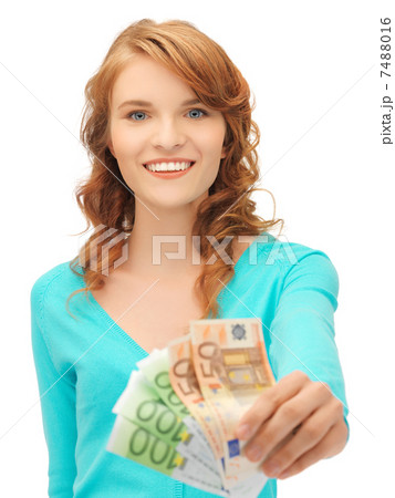 happy teenage girl with euro cash money 7488016