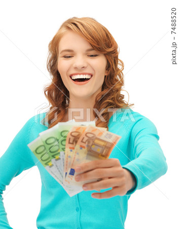 happy teenage girl with euro cash money 7488520