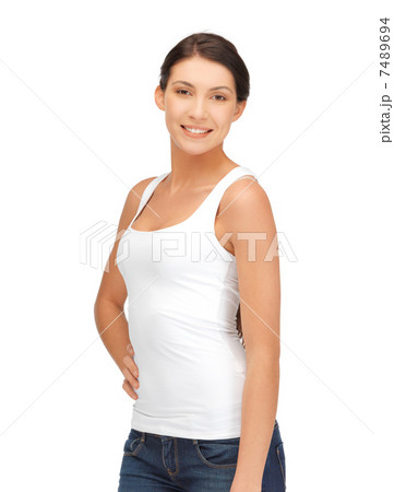 smiling woman in blank white t-shirt 7489694
