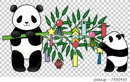 七夕の笹を飾るパンダ親子のイラスト素材