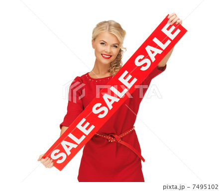 lovely woman in red dress with sale sign lovely woman in red dress with sale sign 7495102