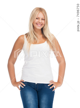 smiling teenage girl in blank white t-shirt smiling teenage girl in blank white t-shirt 7496750