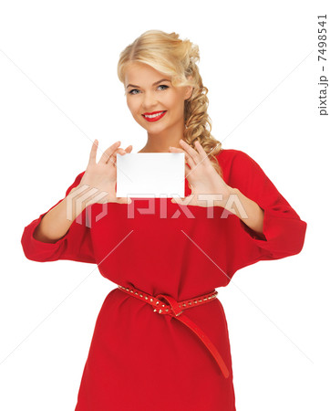 lovely woman in red dress with note card 7498541