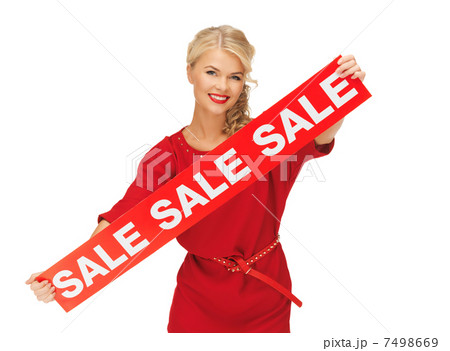 lovely woman in red dress with sale sign 7498669