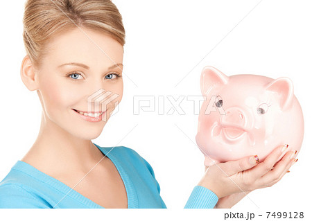 lovely woman with big piggy bank 7499128