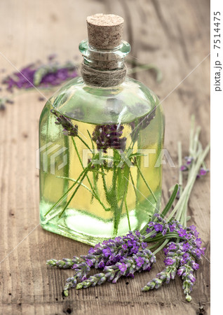 bottle of lavender oil with fresh flowers 7514475