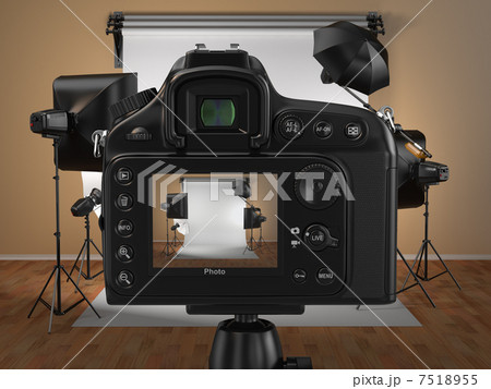 Digital photo camera in studio with softbox and flashes 7518955