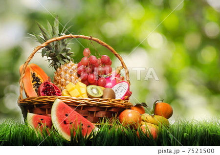 Basket of tropical fruits on green grass Basket of tropical fruits on green grass 7521500