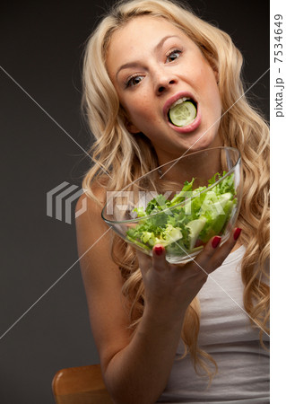 happy healthy woman with salad happy healthy woman with salad 7534649