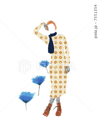 青い花と女性のイラスト素材