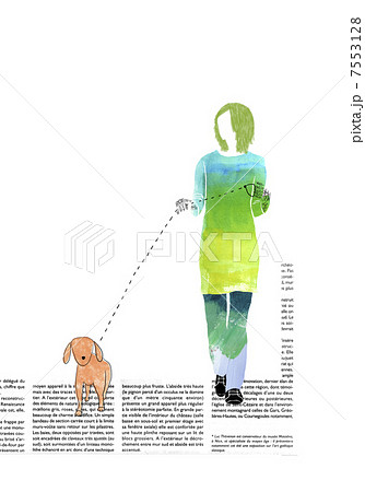 グリーンの髪の毛の女性と犬のイラスト素材