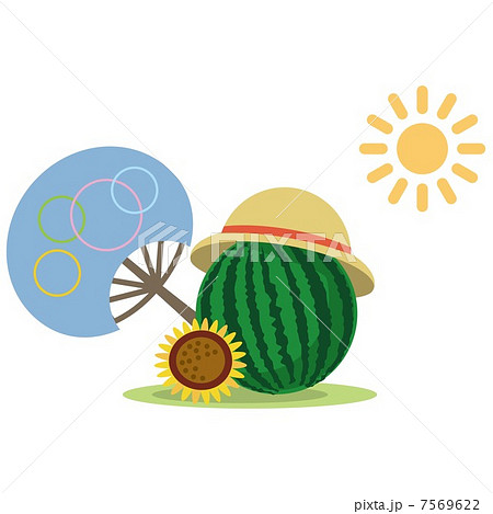 スイカと麦わら帽子とひまわり うちわのイラスト素材 [7569622] - PIXTA