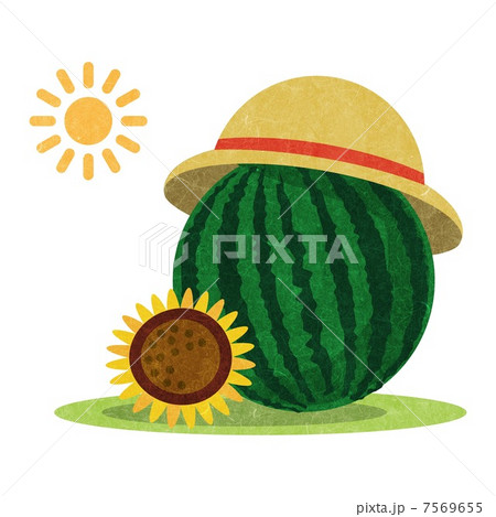 スイカと向日葵と麦わら帽子のイラスト素材