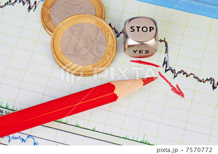 Downtrend financial chart, red pencil, red arrow, dices cube wit 7570772