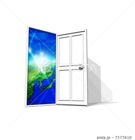 開いたドアの向こうに見える地球と宇宙空間のイラスト素材