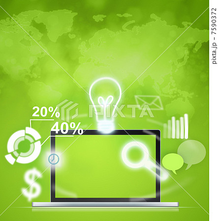 Opened laptop with icons of different functions flying around Opened laptop with icons of different functions flying around 7590372