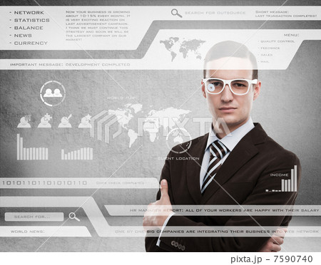 Businessman standing and working with touch screen technology Businessman standing and working with touch screen technology 7590740