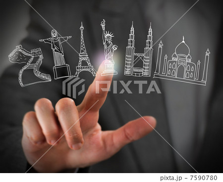 Closeup of female finger touching virtual symbol of famous touri 7590780