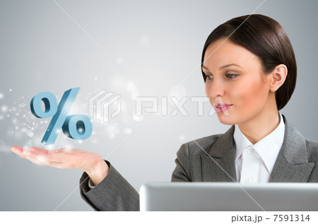 Portrait of young business woman holding discount symbol in her Portrait of young business woman holding discount symbol in her 7591314