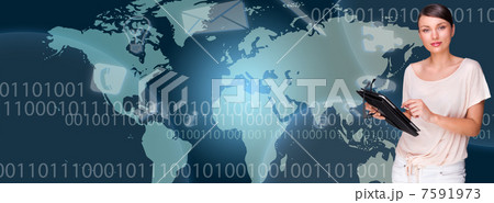 Portrait of young woman standing in fron of big world map and us 7591973