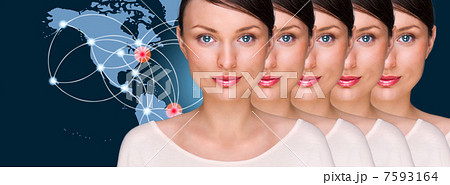 Many identical businesswomen clones in front of digital transpar 7593164