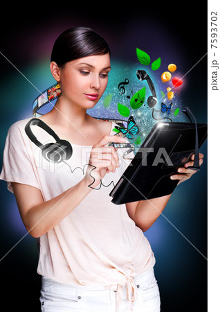 Poster portrait of young beautiful woman holding her universal d 7593702