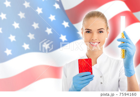 Portrait of female doctor or scientist showing and analyzing liq Portrait of female doctor or scientist showing and analyzing liq 7594160
