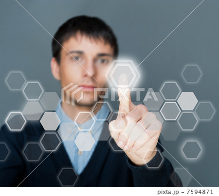 Business Man pressing digital button, futuristic technology Business Man pressing digital button, futuristic technology 7594871