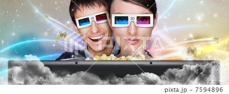 Portrait of young stylish modern couple wearing 3d glasses watch 7594896
