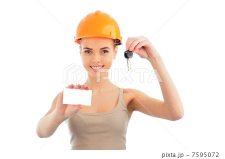 Photo of happy woman construction engineer wearing protective or Photo of happy woman construction engineer wearing protective or 7595072