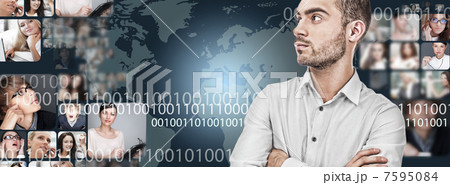 A handsome business man against world map on background with man 7595084