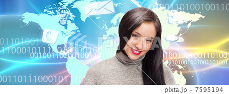 Portrait of young woman standing in front of big world map and d 7595194