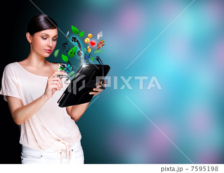 Poster portrait of young beautiful woman holding her universal d 7595198