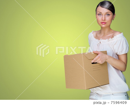 Closeup portrait of a young woman with box 7596409